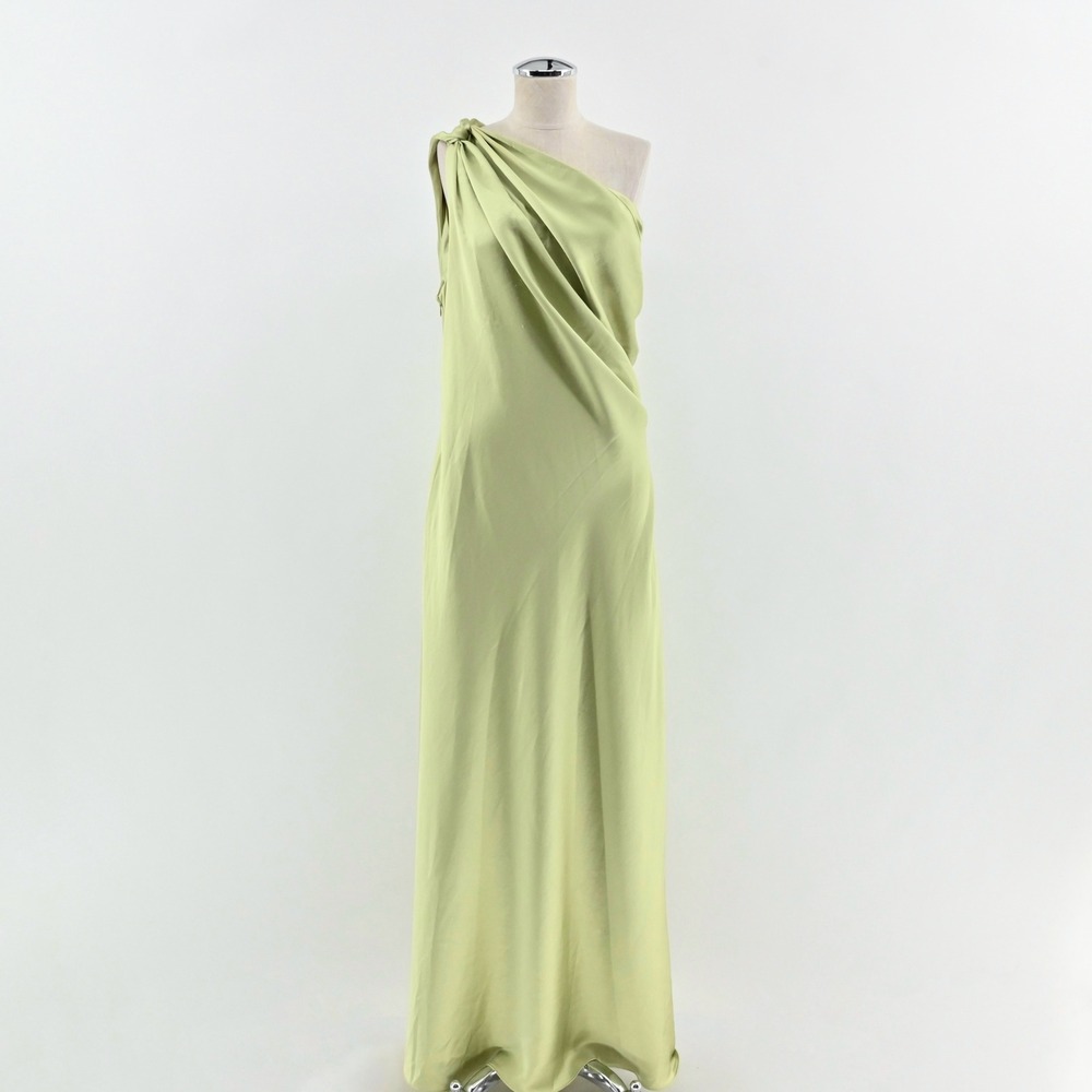 Tanya Taylor Stassi Satin One Shoulder Dress Size 14 Green Maxi Grecian Goddess